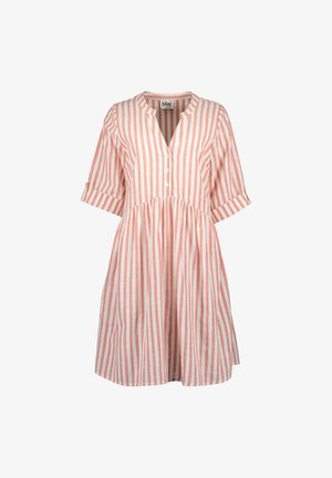 Vestito a righe in morbido cotone, con scollo abbottonato, maniche corte risvoltate e silhouette a trapezio con gonna svasata.