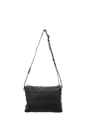 Black leather crossbody bag with adjustable strap and flap closure, simple design, no visible logos or decorations.