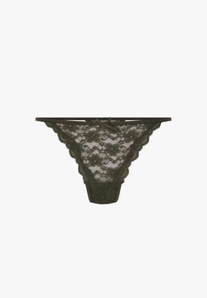 Donkergroene kanten string met bloemenpatronen en geschulpte randen. Satijnen strik aan de voorkant voegt een delicate touch toe.