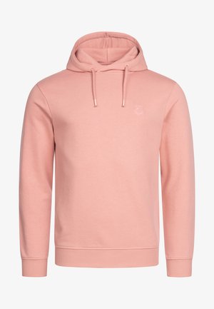 Púder rózsaszín anyagból készült kapucnis sweatshirt. Kangaroo zsebbel és bordás mandzsettákkal rendelkezik. Kicsi hímzett logó a mellkasán.