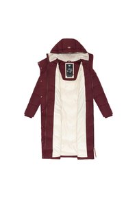 Bordo spalvos paminkštintas paltas su nuimamu gobtuvu, smėlio spalvos vidine pamušalu, priekine užtrauktuku ir spaudžiamų sagčių užsegimu. Paltą puošia tekstūruotas apykaklė.
