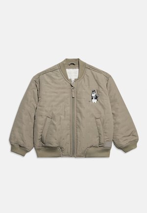 Παιδικό μπεζ μπουφάν bomber με μπροστινό φερμουάρ, ριμπ μανσέτες, δύο πλαϊνές τσέπες και καρτούν χαρακτήρα με ψηλό καπέλο και μαγικό ραβδί.