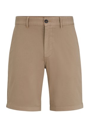 Shorts khaki realizzati in tessuto liscio, caratterizzati da un taglio dritto, chiusura con bottone e dettagli di cucitura sottili. L'orlo arriva a metà coscia.
