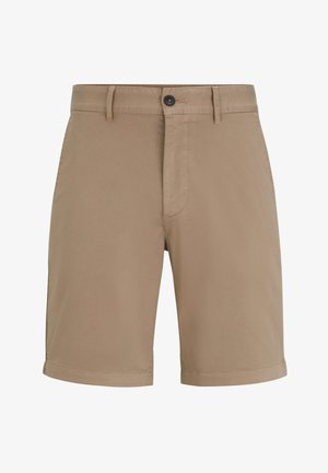 Khaki-Shorts aus glattem Stoff mit geradem Schnitt, Knopfverschluss und dezenten Nähten. Der Saum reicht bis zur Mitte des Oberschenkels.