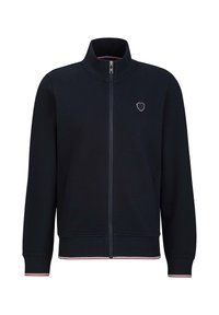 Marine blauwe zip-up jas met hoge kraag, voorzien van rode en witte gestreepte accenten op de mouwen en zoom, met een klein schildlogo op de borst.
