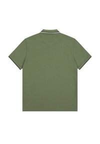 Olivgrünes Poloshirt mit kurzen Ärmeln und klassischem Kragen, das kontrastierende Streifenakzente entlang des Kragens und der Ärmelabschlüsse aufweist.