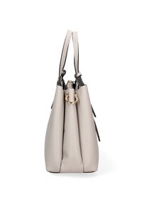 Borsa a mano in pelle beige con finitura testurizzata, due manici superiori e un accento circolare dorato di lato. Presenta una forma strutturata.