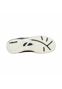 Suela de zapato atlético negro con una entresuela de goma blanca. Presenta un diseño que no marca, ranuras para tracción y un logotipo "HEAD" grabado.