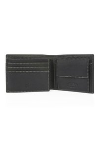 Billetera de cuero negra con múltiples ranuras para tarjetas y un bolsillo. Presenta costuras en contraste de color blanco y un detalle de logo en relieve. Diseño minimalista.