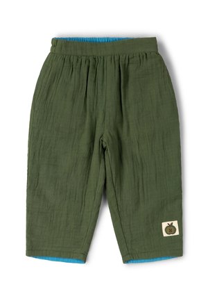 Children’s olive green linen pants with elastic waistband, blue inner lining, and small apple patch on lower right leg.