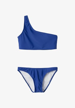 Blå bikini med ett skuldertop og matchende lavt antrukne bunn. Laget av glatt, elastisk materiale med ensfarget design.
