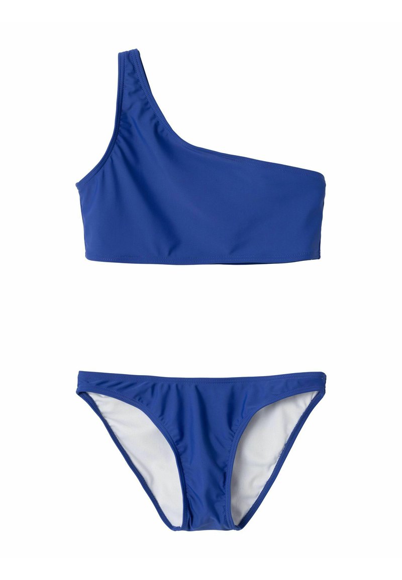 Bikini blu con top a spalla unica e slip a vita bassa abbinati. Realizzato in materiale morbido e elasticizzato con un design a tinta unita.