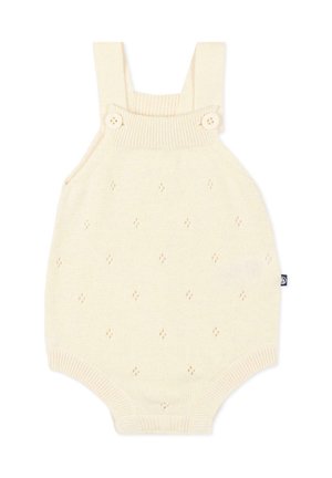 Kremowy dzianinowy kombinezonik dla niemowląt z ramiączkami zapinanymi na guziki oraz drobnymi wzorami w kształcie diamentów na całej powierzchni.
