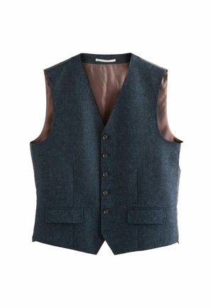 Vest din tweed de culoare bleumarin, cu croi ajustat, decolteu în formă de V, șase butoane, două buzunare frontale și o căptușeală interioară netedă. Fără mâneci.