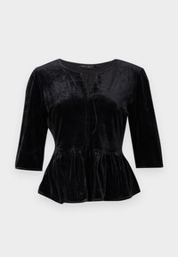 Black velvet top with a peplum hem, three-quarter sleeves, and a round neckline featuring a lace-up detail at the front.