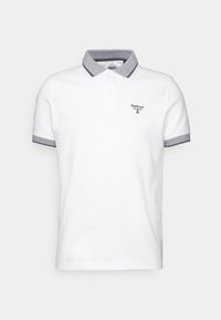 Polo blanc à manches courtes avec col texturé gris et bords de manches, avec petit logo Barbour sur la poitrine gauche.