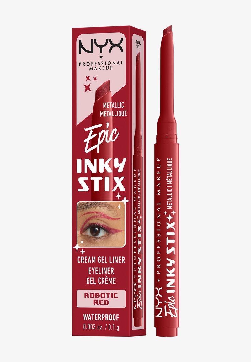 Rød metallisk NYX Epic Inky Stix cremegel-eyeliner med emballage, der viser eksempel på øjenmakeup og farvetiketten "Robotic Red".