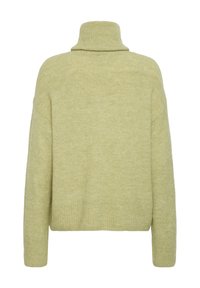 Pull à col roulé tricoté vert clair avec manches longues et poignets et ourlet côtelés, vu de dos sur fond blanc.