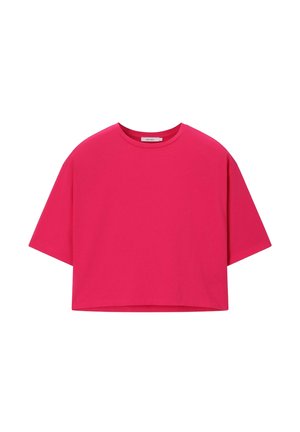 T-shirt court rose vif à manches courtes avec col rond, présenté à plat sur fond blanc.