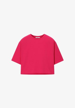 T-shirt court rose vif à manches courtes avec col rond, présenté à plat sur fond blanc.