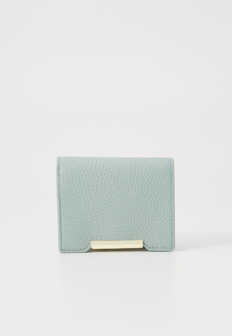Rectangular wallet made of light blue textured leather with a gold-tone metal accent at the bottom and stitched edges.