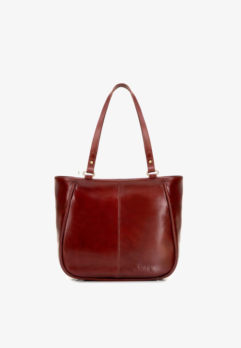 Brązowa skórzana torba na ramię z dwoma uchwytami, gładka faktura i minimalistyczny design. Zawiera subtelne przeszycia i wytłoczone detale logo.