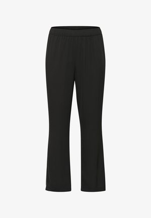 Pantaloni neri con vita elasticizzata, design a gamba dritta, texture liscia e senza motivi o dettagli visibili.