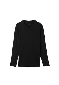 Zwarte long-sleeve t-shirt van katoen. Heeft een ronde halslijn en een rechte onderrand, met een gladde textuur en zonder zichtbare patronen of accenten.