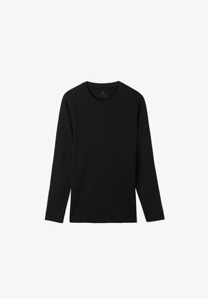 Czarna, długorękawowa koszulka wykonana z bawełny. Posiada okrągły dekolt i prosty dół, o gładkiej fakturze, bez widocznych wzorów lub akcentów.