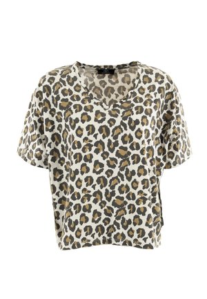 Top a maniche corte con stampa leopardata, caratterizzato da un collo a V, tessuto leggero e una vestibilità rilassata nei colori crema, marrone e nero.