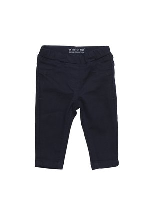 Dunkelblaue Jeansleggings mit einem elastischen Bund, vier Taschen und kontrastierenden Nähten. Der Stoff hat eine glatte, leicht dehnbare Textur.
