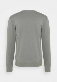 Sweat-shirt gris uni à manches longues et col rond, montré de dos avec poignets et ourlet côtelés.