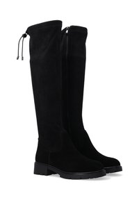 Schwarze Wildleder-Stiefel bis zum Knie mit flacher Sohle, seitlichem Reißverschluss, verstellbaren Knöchelbindungen und nahtlosem, abgerundetem Zehenbereich.