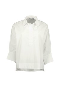 Blusa bianca in tessuto di cotone, con colletto a punta, maniche a tre quarti e una placca con mezzi bottoni davanti.