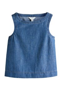 Ärmelloses Top aus blauem Denim mit Rundhalsausschnitt, geradem Schnitt und sichtbaren Nähten entlang der Kanten für einen sauberen Abschluss.