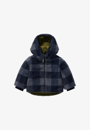 Fleece jacket with a hood, featuring a navy blue and gray checked pattern, zip front, and green quilted lining. Soft texture and elastic cuffs.