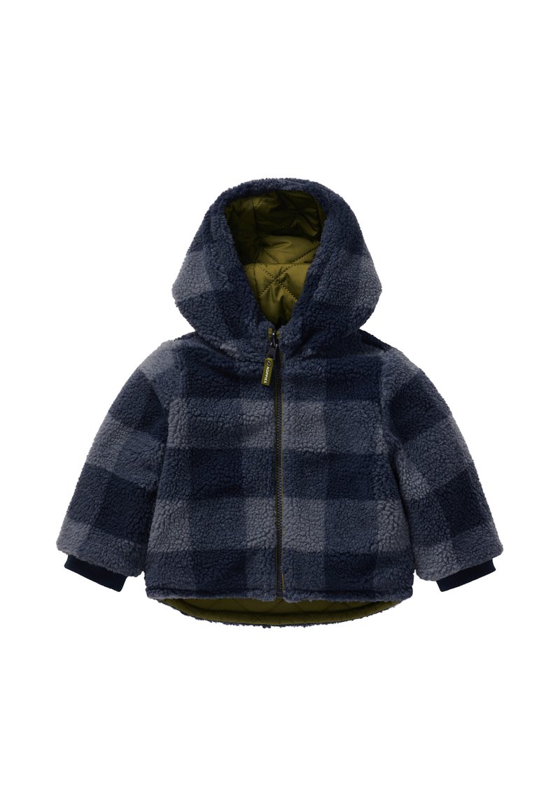 Fleecejacke mit Kapuze, ausgestattet mit einem navyblauen und grauen Karomuster, durchgehendem Reißverschluss und grünem gesteppte Innenfutter. Weiche Textur und elastische Bündchen.