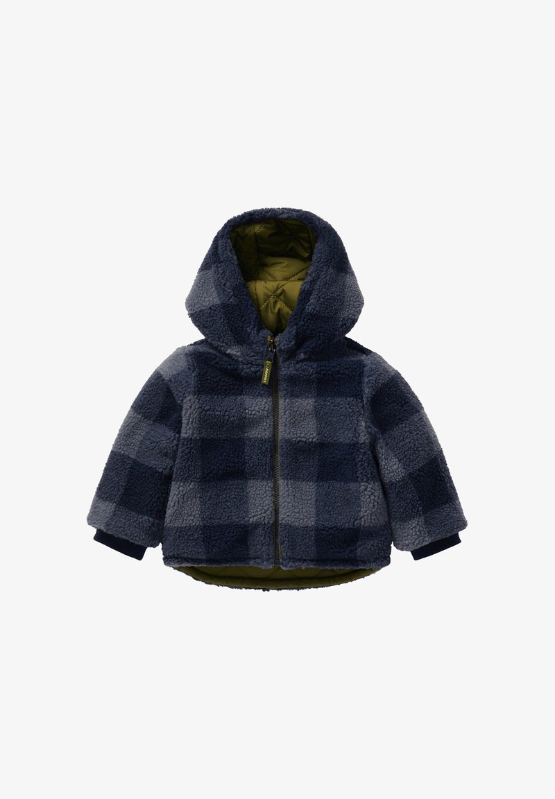 Fleece jack met een capuchon, voorzien van een marineblauw en grijs checks patroon, een rits aan de voorkant en een groene gevoerde voering. Zachte textuur en elastische manchetten.