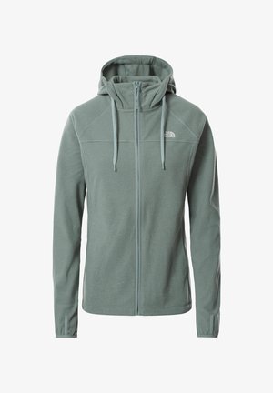 Hellgrüne Fleecejacke mit Reißverschluss und Kapuze, Kordelzügen, langen Ärmeln und dem The North Face-Logo auf der linken oberen Brust.