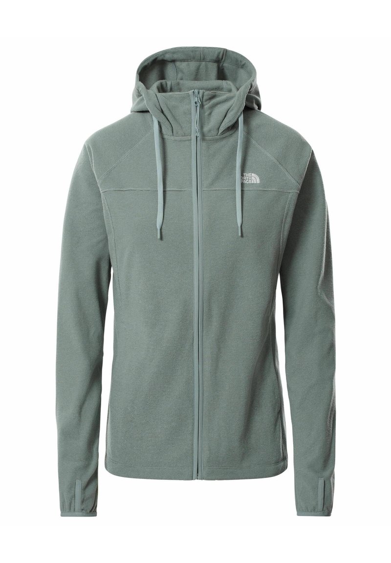 Chaqueta de forro polar verde claro con cremallera y capucha, cordones, mangas largas y el logo de The North Face en la parte superior del lado izquierdo del pecho.