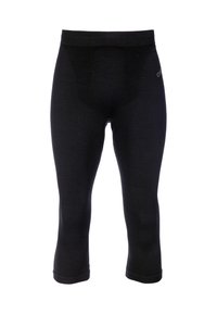 Black, knee-length leggings made from stretchable fabric. Features a smooth texture with an elastic waistband and minimalistic design.