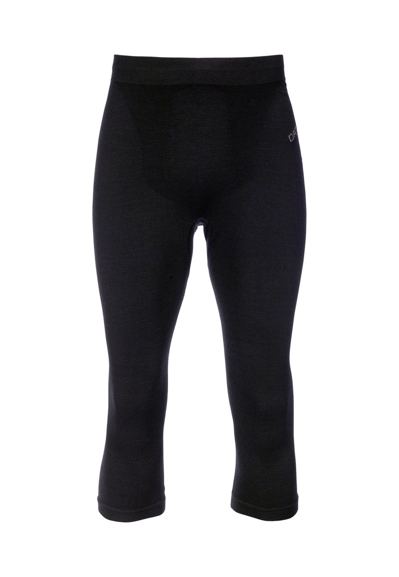 Black, knee-length leggings made from stretchable fabric. Features a smooth texture with an elastic waistband and minimalistic design.