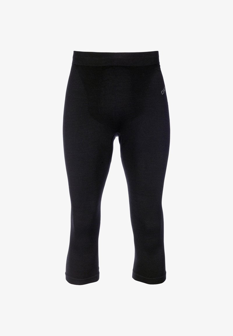 Black, knee-length leggings made from stretchable fabric. Features a smooth texture with an elastic waistband and minimalistic design.