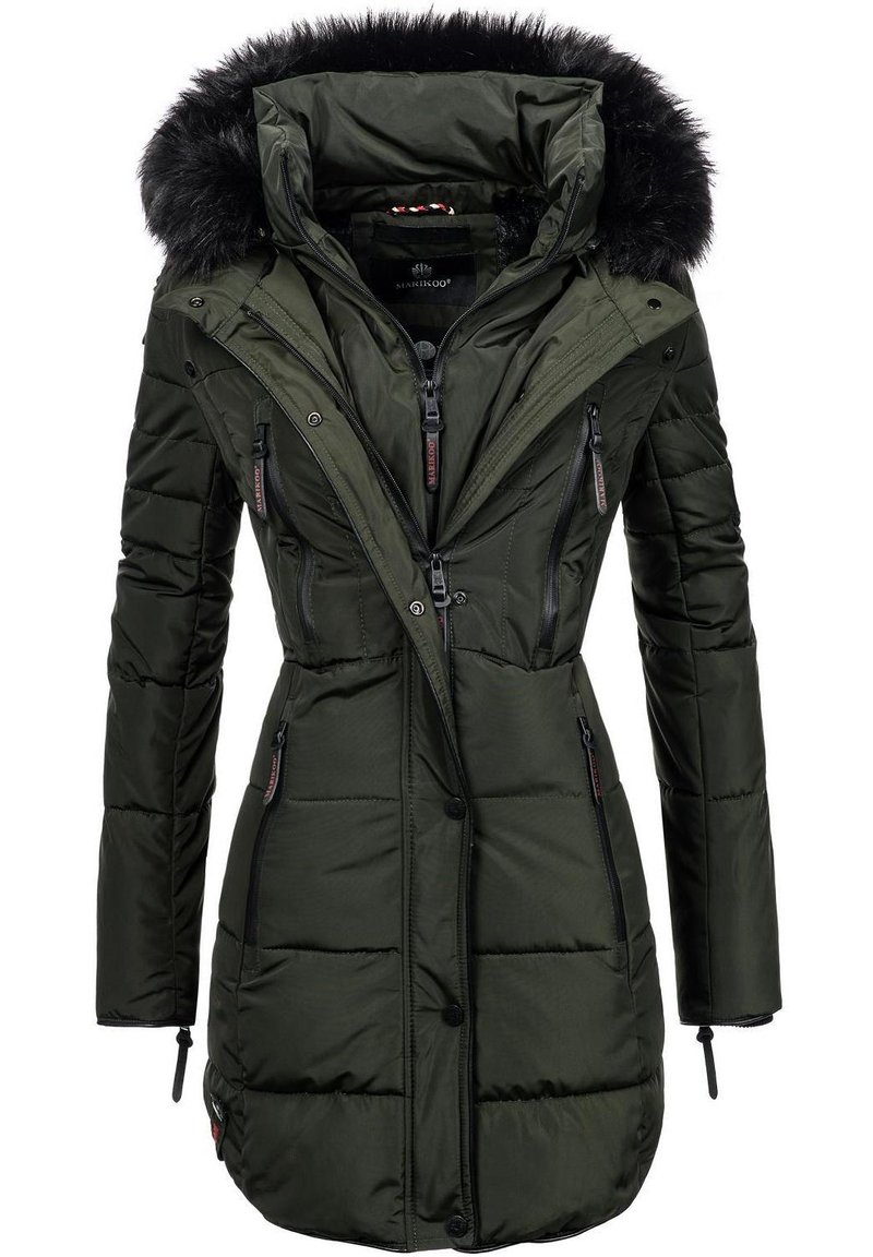 Padded winter coat in dark green with a fur-lined hood, multiple zippered pockets, adjustable cuffs, and a tailored silhouette.