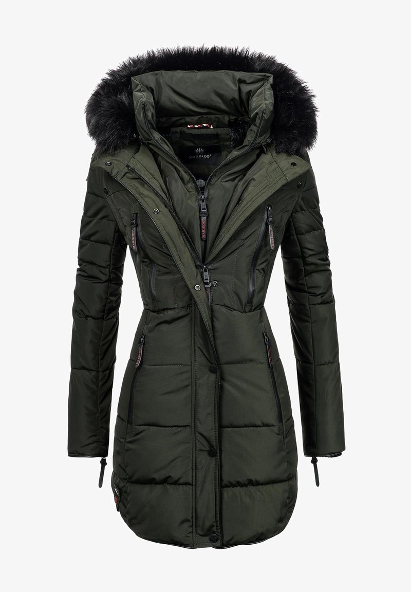 Padded winter coat in dark green with a fur-lined hood, multiple zippered pockets, adjustable cuffs, and a tailored silhouette.