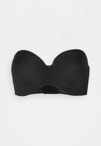 Zwarte strapless bh met een gladde, gevormde cupdesign. Beschikt over een midden sluiting en een gewatteerde achterkant voor een veilige pasvorm. Geen extra versieringen.