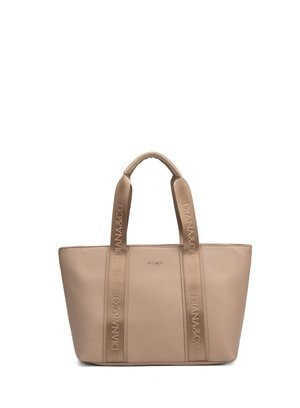 Borsa a mano in pelle beige con due manici larghi con la scritta "DIANA&CO", design minimalista e texture liscia.
