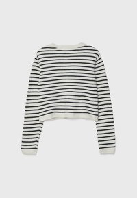 Striped sweater in white and navy, featuring a cropped design, long sleeves, and a round neckline, made from a soft knit material.
