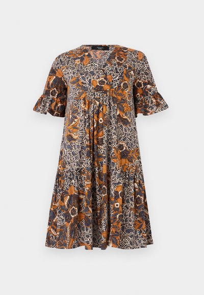 Κοντό φλοράλ φόρεμα με πορτοκαλί και ναυτικό μπλε φύλλα, κοντά βολάν μανίκια και άνετη, ρέουσα εφαρμογή.