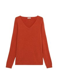 Sweatshirt à col en V, à manches longues, dans une teinte orange riche. Fabriqué en tissu doux avec des poignets et un ourlet côtelés, offrant une coupe décontractée.